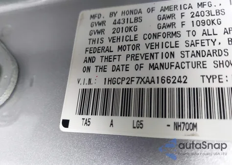 2010 Honda Accord 2.4 Ex из США, поврежденный, VIN 1HGCP2F7XAA166242